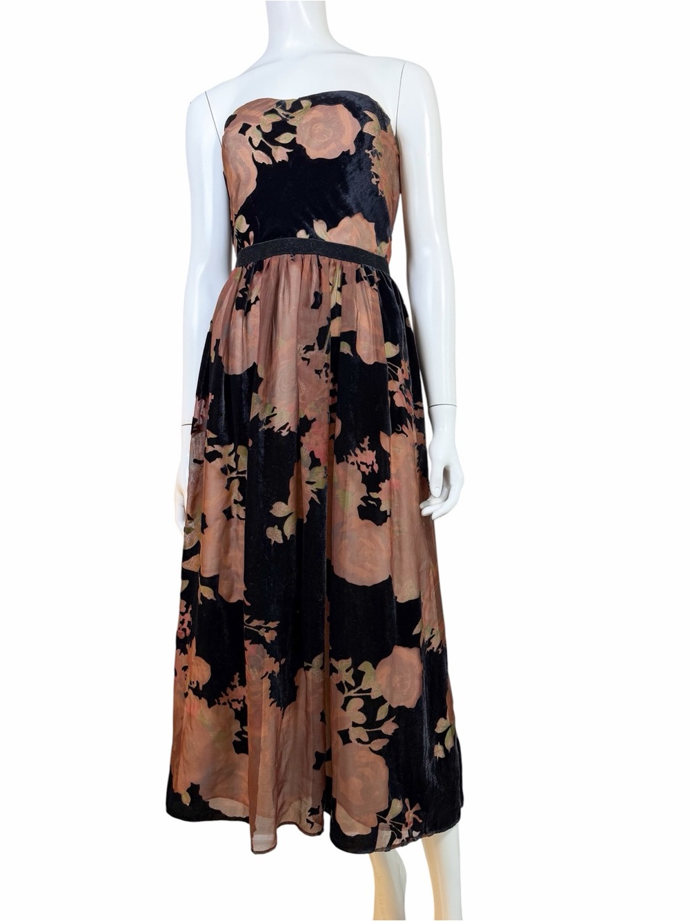 ERIN by Erin Fetherston Strapless Black and Rose-Mauve Floral Velvet Midi Dress - Picture 2 of 14